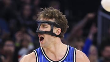 Orlando Magic forward Franz Wagner reacts after a basket against the Miami Heat.