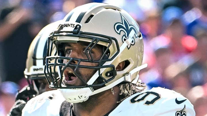 Sep 28, 2025; Orchard Park, New York, USA; New Orleans Saints defensive end Cameron Jordan (94) celebrates a sack against the Buffalo Bills in the second quarter at Highmark Stadium. Mandatory Credit: Mark Konezny-Imagn Images