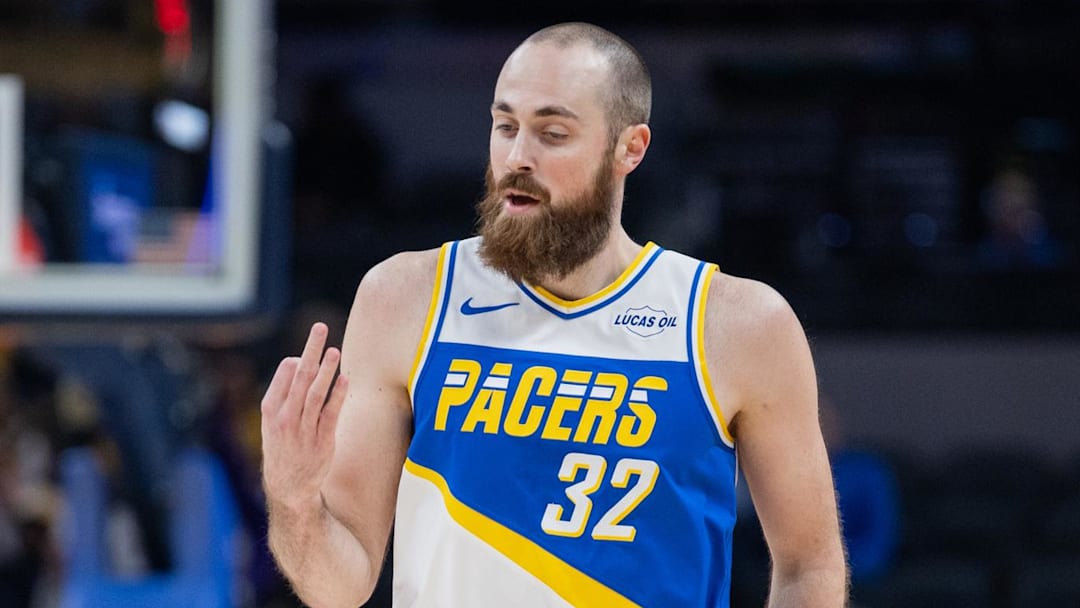 Indiana Pacers center Jay Huff (32) reacts after making a basket against the Chicago Bulls during the first half at Gainbridge Fieldhouse.