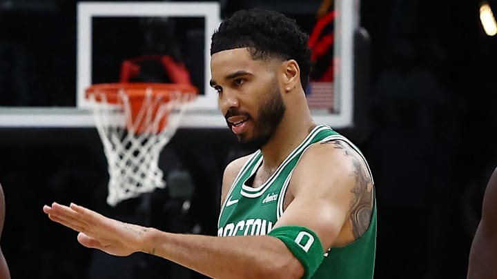 Mar 6, 2026; Boston, Massachusetts, USA; Boston Celtics guard Jaylen Brown (7) congratulates forward Jayson Tatum (0) during the second half against the Dallas Mavericks at TD Garden. Mandatory Credit: Winslow Townson-Imagn Images