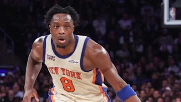 Nov 11, 2025; New York, New York, USA;  New York Knicks forward OG Anunoby (8) looks for an open teammate in the second quarter against the Memphis Grizzlies at Madison Square Garden. Mandatory Credit: Wendell Cruz-Imagn Images
