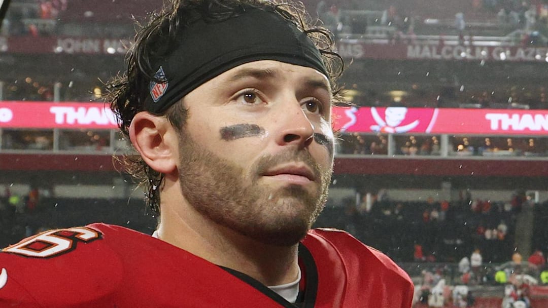 Jan 3, 2026; Tampa, Florida, USA; Tampa Bay Buccaneers quarterback Baker Mayfield (6) leaves the field after defeating the Carolina Panthers at Raymond James Stadium. Mandatory Credit: Nathan Ray Seebeck-Imagn Images