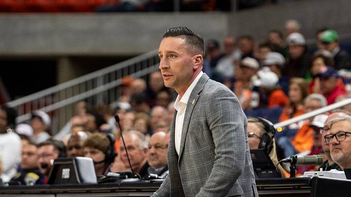 Auburn Tigers head coach Steven Pearl watches on as Auburn Tigers take on South Alabama Jaguars during the first round of the National Invitation Tournament at Neville Arena in Auburn, Ala. on Tuesday, March 17, 2026.