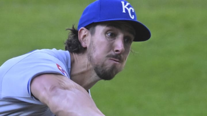 Kansas City Royals starting pitcher Michael Lorenzen (24) delivers a pitch in the first inning against the Cleveland Guardians