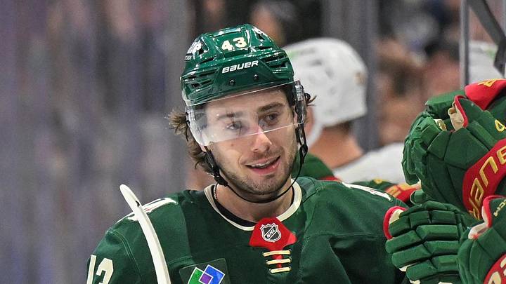 Dec 14, 2025; Saint Paul, Minnesota, USA;  Minnesota Wild defensemen Quinn Hughes (43) celebrates after scoring a goal against the Boston Bruins during the third period at Grand Casino Arena. Mandatory Credit: Nick Wosika-Imagn Images

