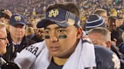 Nov. 17, 2012; South Bend, IN, USA; Notre Dame Fighting Irish linebacker Manti Te'o (5) leaves the field after Notre Dame defeated the Wake Forest Demon Deacons 38-0 at Notre Dame Stadium.