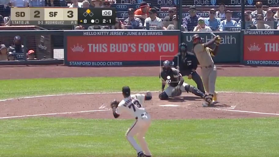 Fernando Tatis Jr. hits a fly out to deep center field against the San Francisco Giants.  | Screenshot via SF Giants on NBCS on X
