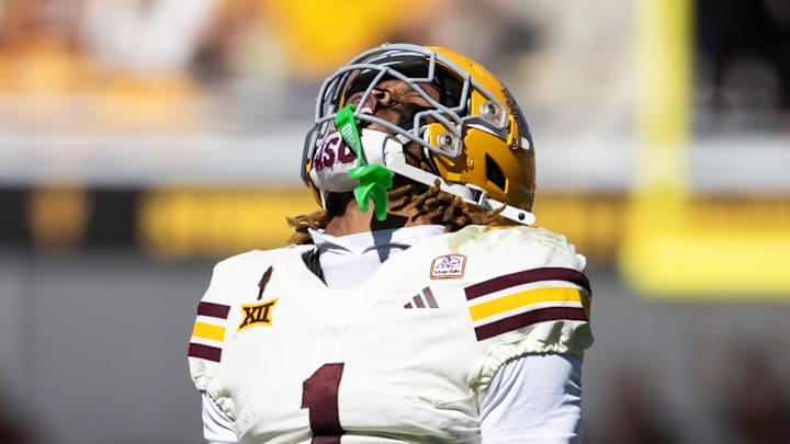 Oct 18, 2025; Tempe, Arizona, USA; Arizona State Sun Devils defensive back Keith Abney II (1) celebrates a play against the Texas Tech Red Raiders at Mountain America Stadium. 