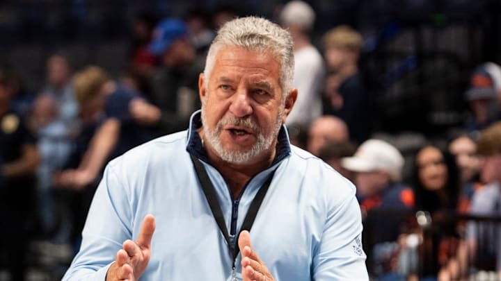 Former Auburn Tigers head coach Bruce Pearl talks with fans before Auburn Tigers take on the Houston Cougars at Legacy Arena in Birmingham, Ala. on Sunday, Nov. 16, 2025.