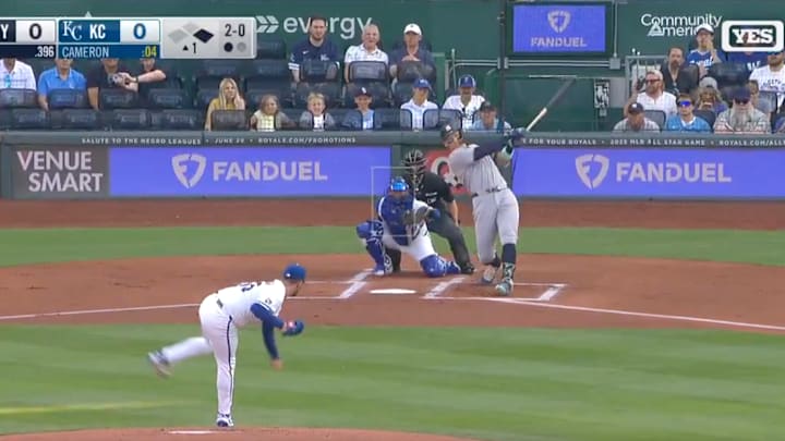 New York Yankees DH Aaron Judge hits a two-run home run against Kansas City Royals pitcher Noah Cameron. New York Yankees DH Aaron Judge hits a two-run home run against Kansas City Royals pitcher Noah Cameron.