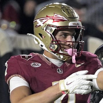 Nov 1, 2025; Tallahassee, Florida, USA; Florida State Seminoles wide receiver Duce Robinson (0) celebrates a pass catch during the second half against the Wake Forest Demon Deacons at Doak S. Campbell Stadium. Mandatory Credit: Melina Myers-Imagn Images