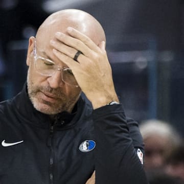 Feb 23, 2025; San Francisco, California, USA; Dallas Mavericks head coach Jason Kidd reacts during the second quarter of the game against the Golden State Warriors at Chase Center. Mandatory Credit: John Hefti-Imagn Images