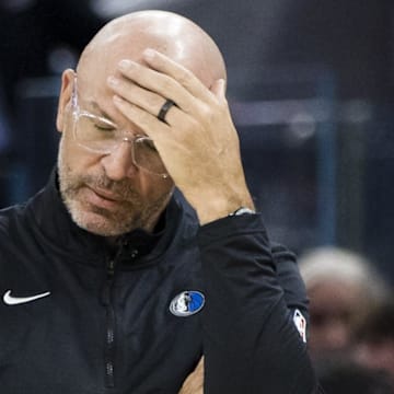 Feb 23, 2025; San Francisco, California, USA; Dallas Mavericks head coach Jason Kidd reacts during the second quarter of the game against the Golden State Warriors at Chase Center. Mandatory Credit: John Hefti-Imagn Images