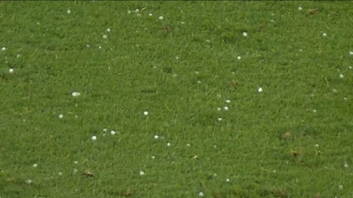 A hail storm hit during the first half of the Cardinals-Bears game. A hail storm hit during the first half of the Cardinals-Bears game.