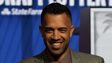 Atlanta Hawks general manager Landry Fields poses for photos are the 2024 NBA Draft Lottery.