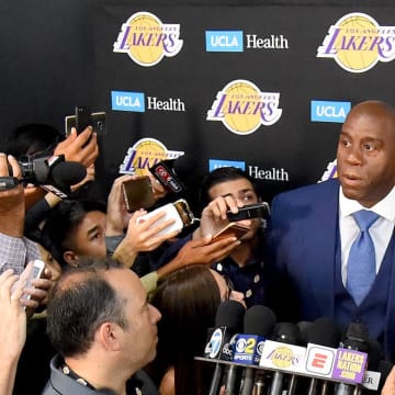Sep 25, 2017; Los Angeles, CA, USA; Los Angeles Lakers  President of Basketball Operations Magic Johnson is interviewed during Lakers Media Day at the UCLA Health Training Center in El Segundo, CA.  Mandatory Credit: Jayne Kamin-Oncea-USA TODAY Sports