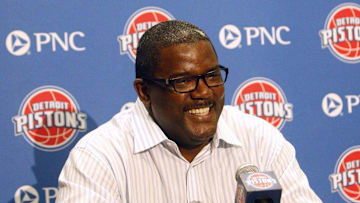 Joe Dumars talks with reporters on May 25, 2010, in Auburn Hills.