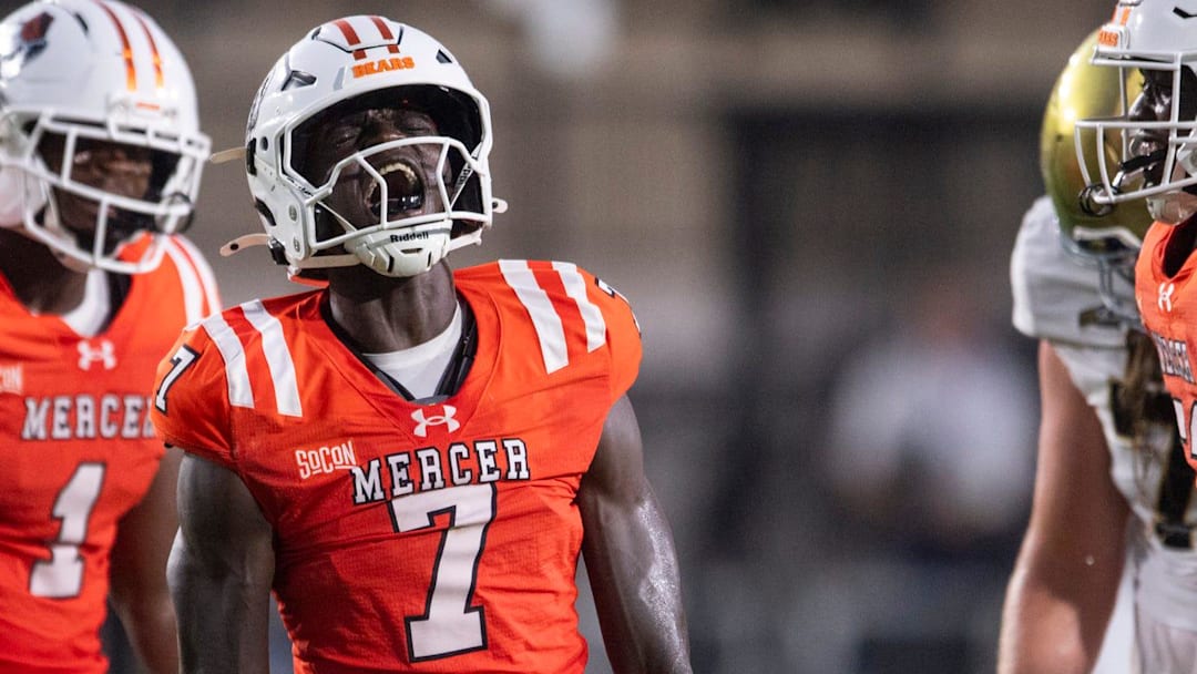 Mercer Bears safety Carmelo O'neal (7) celebrates his sack as Mercer Bears take on UC Davis Aggies during the FCS Kickoff Game at Cramton Bowl in Montgomery, Ala. on Saturday, Aug. 23, 2025.