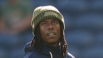 Rashid Shaheed of the Seattle Seahawks warms up