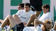 Javier Saviola y Pablo Aimer, figuras de River Plate, en un entrenamiento de la Selección de Pekerman.