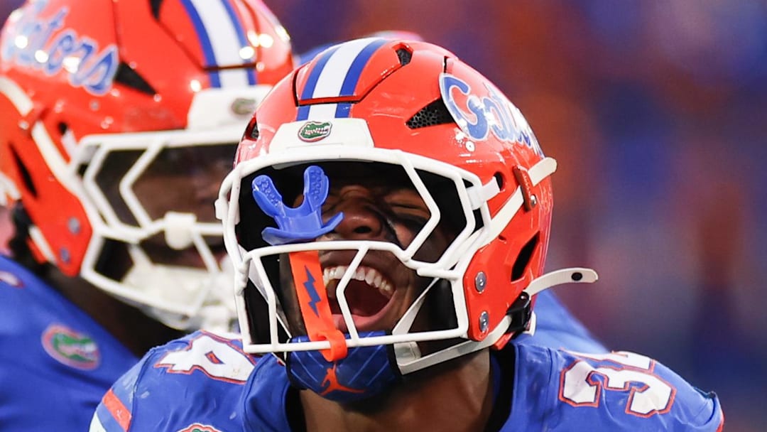 Nov 1, 2025; Jacksonville, Florida, USA; Florida Gators edge rusher George Gumbs Jr. (34) celebrates a play in the second half against the Georgia Bulldogs at EverBank Stadium. Mandatory Credit: Matt Pendleton-Imagn Images