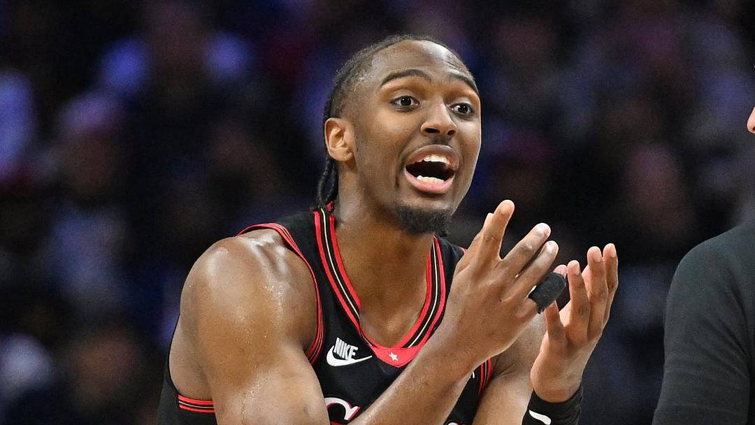 Apr 26, 2026; Philadelphia, Pennsylvania, USA; Philadelphia 76ers guard Tyrese Maxey (0) speaks with referee Josh Tiven (58) against the Boston Celtics during the second half at Xfinity Mobile Arena. Mandatory Credit: Eric Hartline-Imagn Images