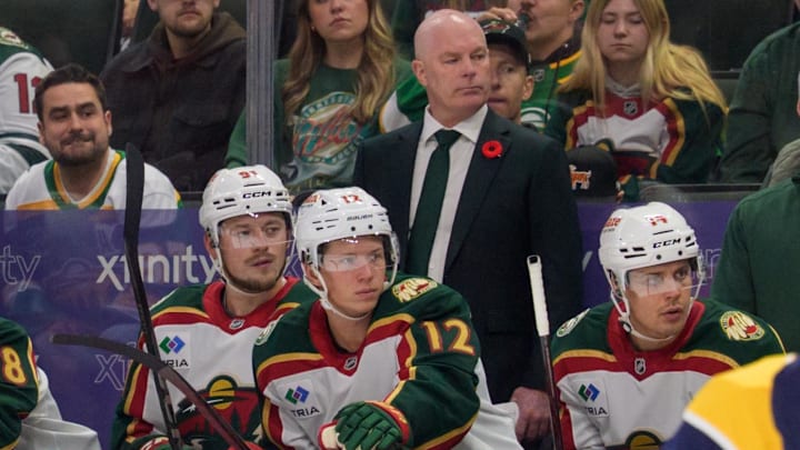 Nov 4, 2025; Saint Paul, Minnesota, USA; Minnesota Wild head coach John Hynes watches play against the  Nashville Predators in the third period at Grand Casino Arena. Mandatory Credit: Matt Blewett-Imagn Images