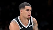 Nov 2, 2025; Brooklyn, New York, USA; Brooklyn Nets forward Michael Porter Jr. (17) brings the ball up court against the Philadelphia 76ers during the second half at Barclays Center. Mandatory Credit: John Jones-Imagn Images