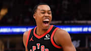 Toronto Raptors forward Scottie Barnes (4) reacts after hitting a three point shot during the first half against the Chicago Bulls at the United Center.