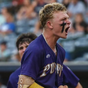 Purvis'  Jojo Parker (1) celebrates the team's win after playing West Lauderdale during the MHSAA class 6A baseball championships at Trustmark Park in Pearl, Miss., Friday, June 2, 2023.