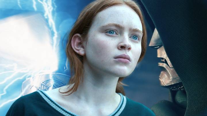 Sadie Sink in a still from Stranger Things against a backdrop from Avengers: Doomsday, featuring Robert Downey Jr. as Doctor Doom. 