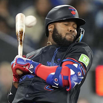 Toronto Blue Jays designated hitter Vladimir Guerrero Jr. (27) avoids an inside pitch from New York Mets pitcher Ryne Stanek (not pictured) during the eighth inning at Rogers Centre on Sept 9.