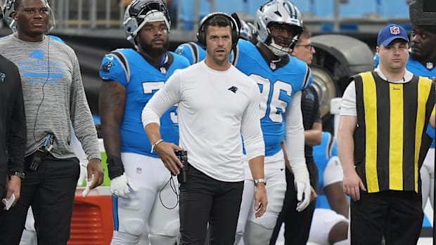 Carolina Panthers head coach Dave Canales on the sideline during the first quarter of a game against the Cleveland Browns.