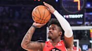 Toronto Raptors guard Jamal Shead takes a three point shot in the first quarter against the New York Knicks