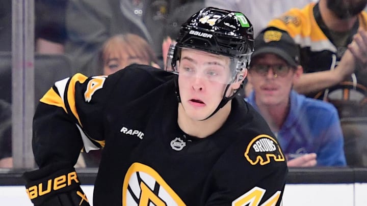 Apr 14, 2026; Boston, Massachusetts, USA; Boston Bruins forward James Hagens (44) skates with the puck during the first period against the New Jersey Devils at TD Garden. Mandatory Credit: Bob DeChiara-Imagn Images