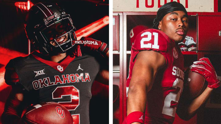 Oklahoma running backs Taylor Tatum (left) and Xavier Robinson