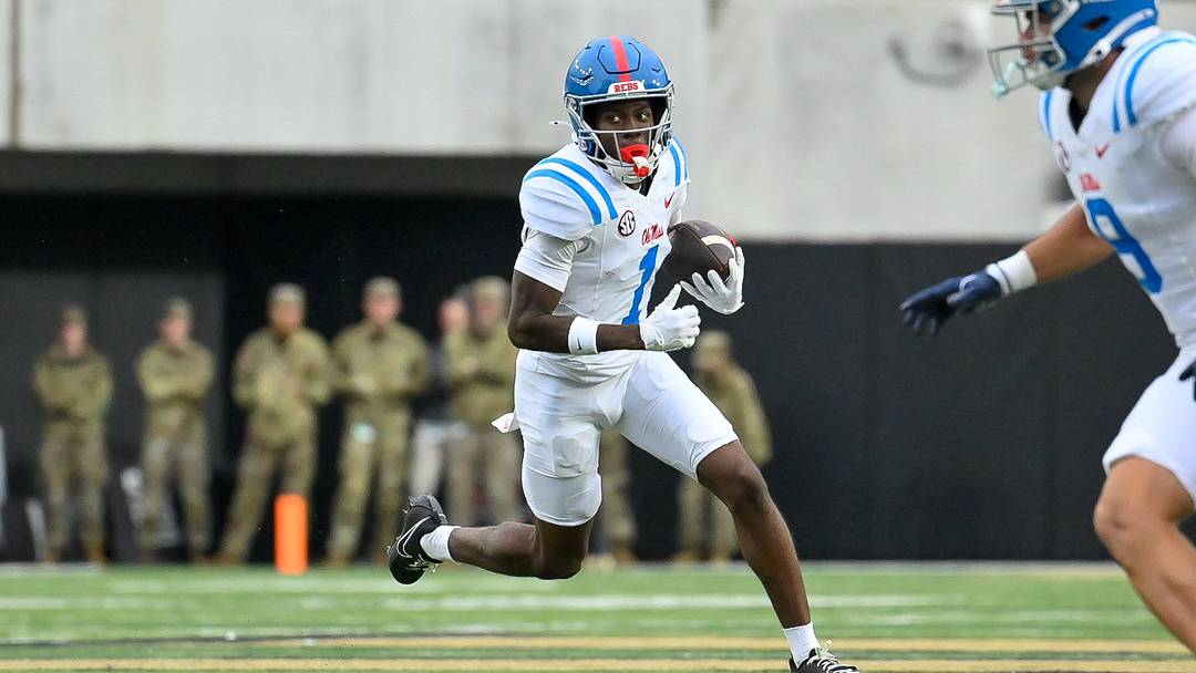 Oct 10, 2026; Nashville, Tennessee, USA; Mississippi Rebels wide receiver Deuce Alexander (1) runs with the ball after a made catch against the Vanderbilt Commodores during the first half at FirstBank Stadium. Mandatory Credit: Steve Roberts-Imagn Images Oct 10, 2026; Nashville, Tennessee, USA; Mississippi Rebels wide receiver Deuce Alexander (1) runs with the ball after a made catch against the Vanderbilt Commodores during the first half at FirstBank Stadium. Mandatory Credit: Steve Roberts-Imagn Images