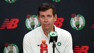 Sep 24, 2024; Boston, MA, USA;  Boston Celtics general manager Brad Stevens talks to reporters during media day at Auerbach Center. Mandatory Credit: David Butler II-Imagn Images