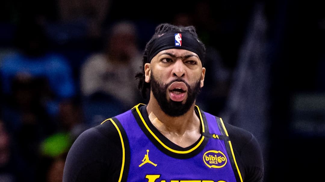 Nov 16, 2024; New Orleans, Louisiana, USA;  Los Angeles Lakers forward Anthony Davis (3) reacts to a play against the New Orleans Pelicans during the first half at Smoothie King Center. Mandatory Credit: Stephen Lew-Imagn Images