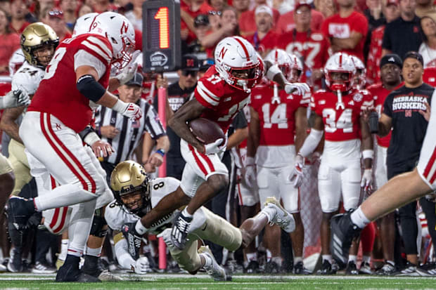 Nebraska wide receiver Jacory Barney Jr. advances a catch for a short gain in the third quarter against Colorado.