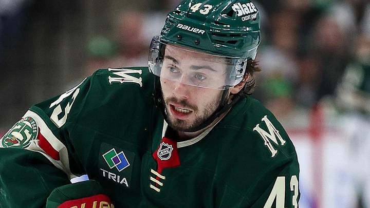May 11, 2026; Saint Paul, Minnesota, USA; Minnesota Wild defenseman Quinn Hughes (43) skates with the puck against the Colorado Avalanche during the second period in game four of the second round of the 2026 Stanley Cup Playoffs at Grand Casino Arena. Mandatory Credit: Matt Krohn-Imagn Images