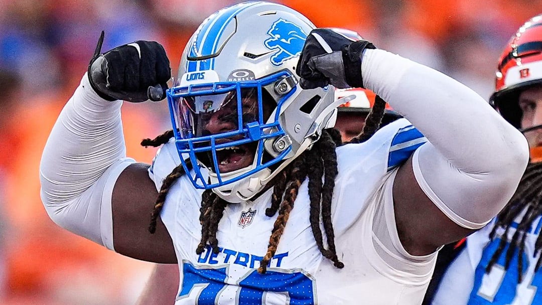 Detroit Lions defensive end Tyler Lacy (78) celebrates a tackle against the Cincinnati Bengals during the second half at Paycor Stadium in Cincinnati on Sunday, Oct. 5, 2025.