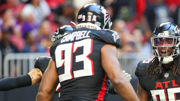 Nov 5, 2023; Atlanta, Georgia, USA; Atlanta Falcons defensive tackle Calais Campbell (93) celebrates