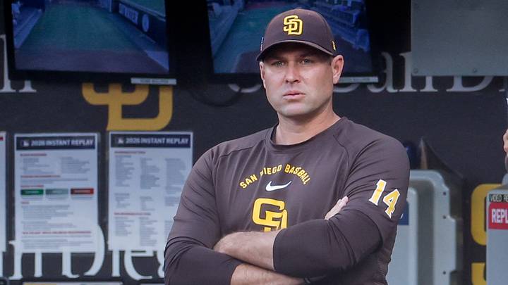 Aug 22, 2026; San Diego, California, USA;  San Diego Padres manager Craig Stammen (14) watches play during the first inning against the Minnesota Twins at Petco Park.  Mandatory Credit: David Frerker-Imagn Images