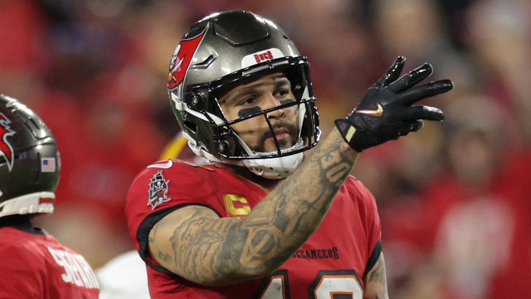 Jan 12, 2025; Tampa, Florida, USA; Tampa Bay Buccaneers wide receiver Mike Evans (13) reacts after a first down during the third quarter of a NFC wild card playoff against the Washington Commanders at Raymond James Stadium. Mandatory Credit: Nathan Ray Seebeck-Imagn Images