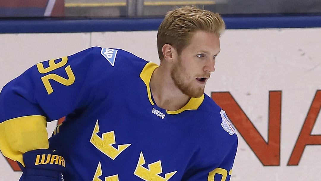 Sep 25, 2016; Toronto, Ontario, Canada; Team Sweden forward Gabriel Landeskog (92) warms up prior to the semifinal game against Team Europe in the 2016 World Cup of Hockey at Air Canada Centre. Mandatory Credit: John E. Sokolowski-Imagn Images
