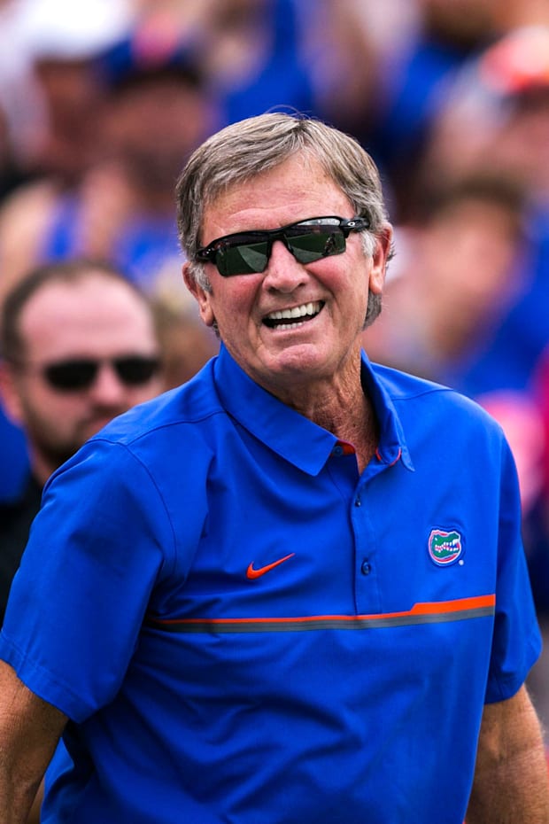 Former Florida head coach Steve Spurrier is acknowledged for his recent induction into the college football hall of fame Former Florida head coach Steve Spurrier is acknowledged for his recent induction into the college football hall of fame
