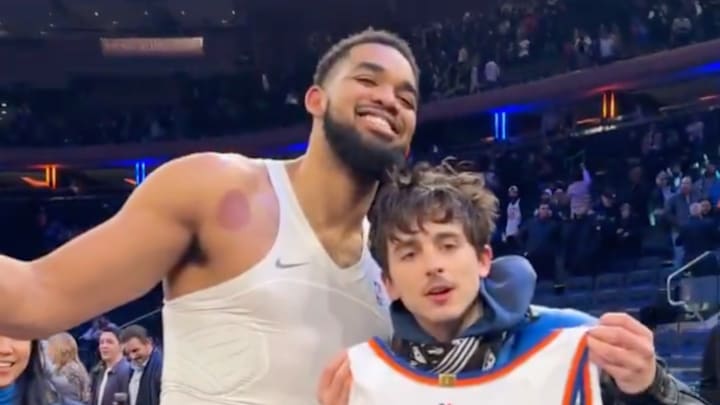 Karl-Anthony Towns and Timothee Chalamet after the Kincks beat the Grizzlies. Karl-Anthony Towns and Timothee Chalamet after the Kincks beat the Grizzlies.