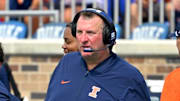 Sep 6, 2025; Durham, North Carolina, USA;  Illinois Fighting Illini head coach Bret Bielema during the third quarter against the Duke Blue Devils at Wallace Wade Stadium. Mandatory Credit: Zachary Taft-Imagn Images