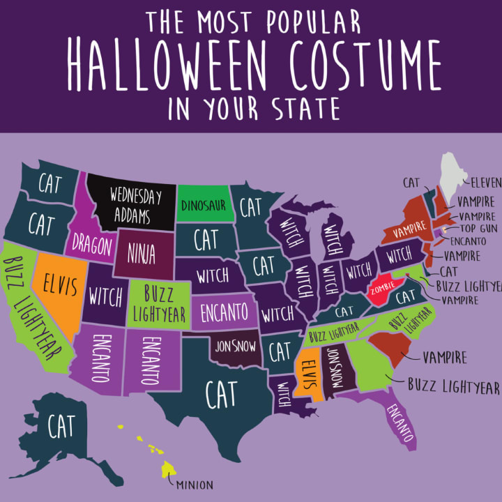 A map of popular Halloween costumes by state is pictured